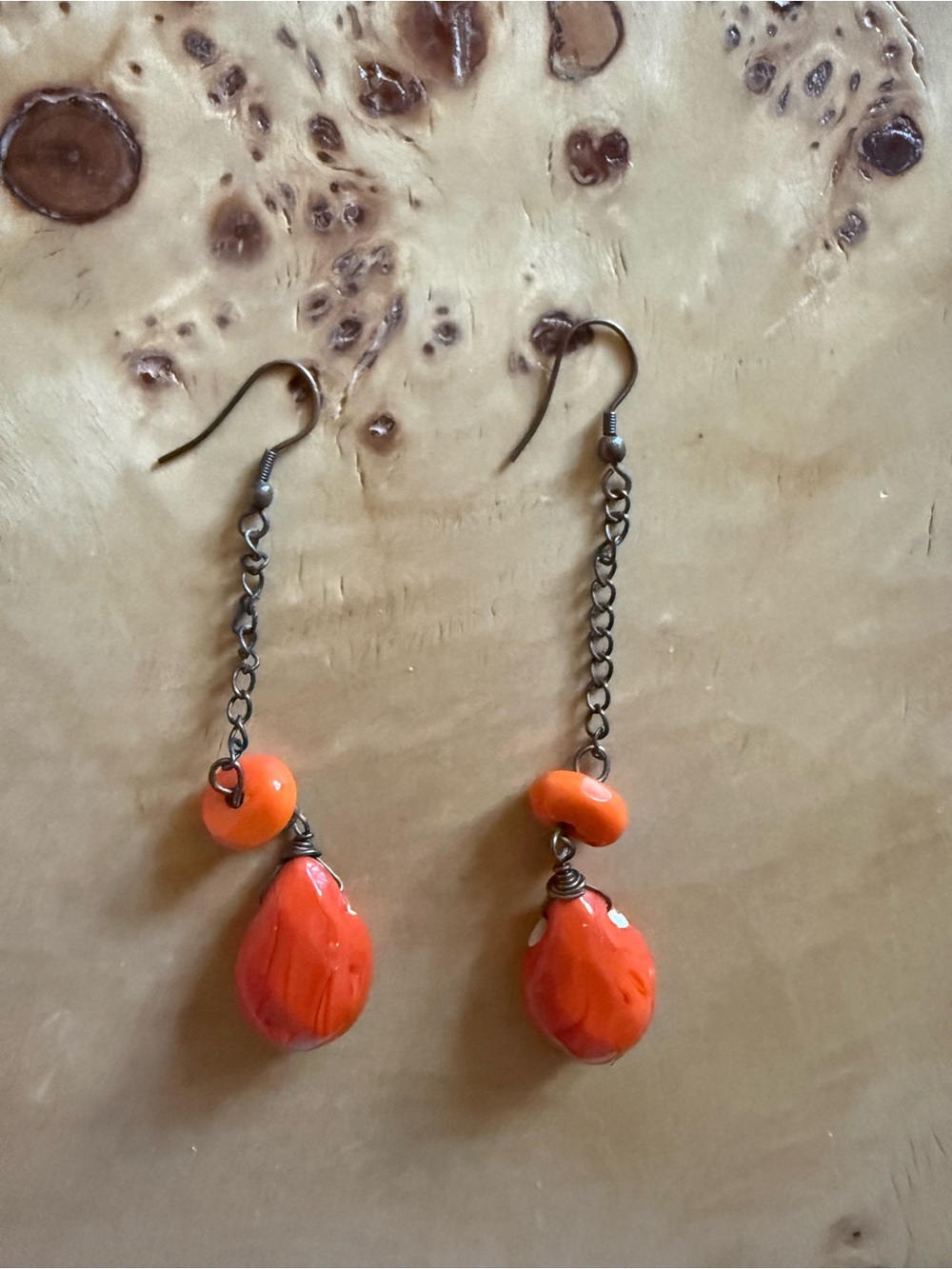 Handmade Orange Drop Dangle Earrings - Bright Orange Beaded Chain Earrings
